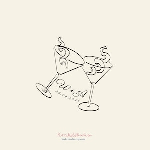 Garniertes Martinis-kundenspezifisches Hochzeits-Monogramm | Handgezeichnete wunderliche Vintage romantische Anfangslogo-Vorlage | Bearbeitbares elegantes Hochzeits-Branding