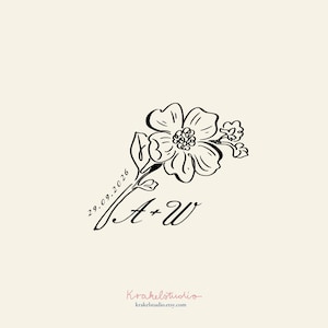 Monogramma di nozze personalizzato con fiori di ciliegio / Modello di logo iniziale romantico vintage con rosa disegnata a mano / Bomboniere di nozze eleganti e modificabili