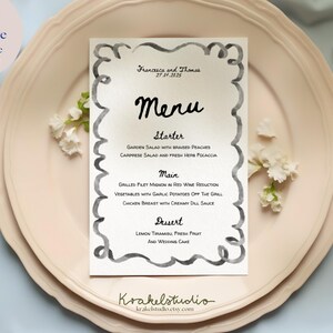 Modello di menu di nozze originale disegnato a mano con cornice ad acquerello / Carta da lettere illustrata per cena di prova 5x7"