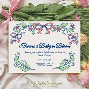 Invito per baby shower floreale stravagante / Modello digitale disegnato a mano / Design vintage con nastro Coquette botanico / 5x7 / A5