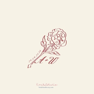 Pfingstrose-kundenspezifisches rotes Hochzeits-Monogramm | Handgezeichnete Rose Bordeaux Romantische Initial Logo Vorlage | Bearbeitbar Elegante Hochzeitsbevorzugungen Branding