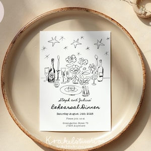Modelo de jantar de ensaio desenhado à mão caprichoso | Convite de jantar de ensaio de casamento ilustrado peculiar 5x7