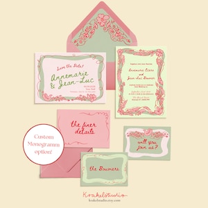 Conjunto de convites de casamento rosa e verde | Conjunto de modelos florais extravagantes | Convites e cartões editáveis desenhados à mão | Coleção Blushbloom