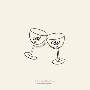 Wijnglazen aangepast bruiloftsmonogram | Handgetekende grillige vintage romantische eerste logosjabloon|Bewerkbare elegante bruiloftbranding