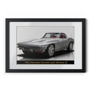 May include: A framed print of a silver 1963 Chevrolet Corvette Split Window. The classic car has a sleek design with chrome accents and red interior. The image is set against a white background.