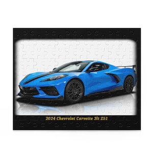 May include: A blue 2024 Chevrolet Corvette 3lt Z51 sports car puzzle. The car has black wheels and a black stripe down the center. The puzzle is framed in a black border.