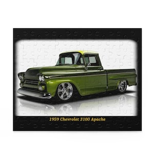 May include: A green 1959 Chevrolet 3100 Apache pickup truck puzzle. The truck has a yellow cab roof and chrome wheels. The image is set against a white background and framed by a black puzzle border. The text "1959 Chevrolet 3100 Apache" is at the bottom.