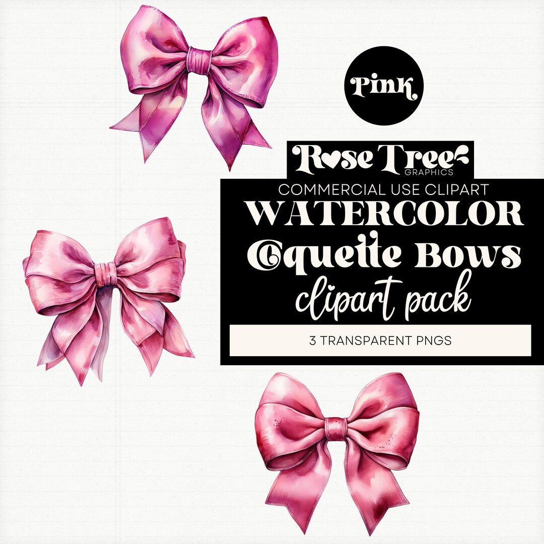 Watercolor Coquette Bows Clipart: Pink Bow Graphics (PNG, Digital ...