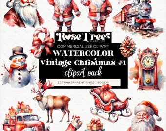 May include: Watercolor clipart pack featuring vintage Christmas illustrations. Includes Santa Claus, a snowman, a reindeer, a train, a sleigh, a clock, a pine cone, a candy cane, a stocking, and a truck with presents.
