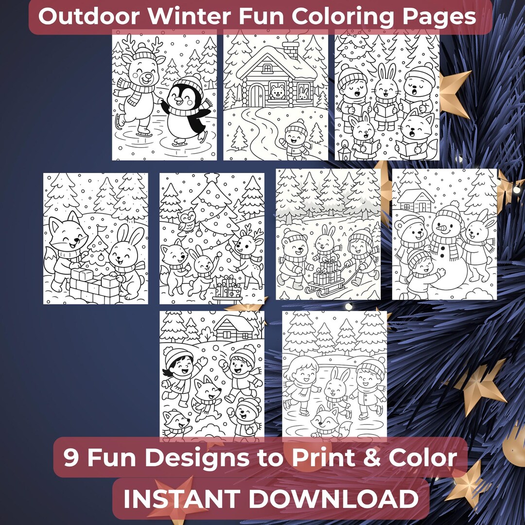 Outdoor Winter Fun Coloring Pages – 9 Cute Snowy Scenes for Kids ...