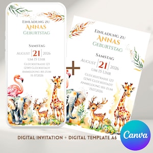 Digital birthday invitation, mobile-friendly format, with animation, customizable, downloadable, MP4, green, children's birthday, party, animals, A6