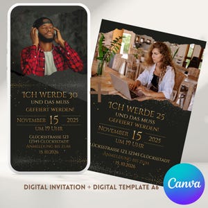 Digital birthday invitation, photo, for mobile phone, with animation, personalized, Canva, MP4, green, gold, birthday, party, A6, 2 formats