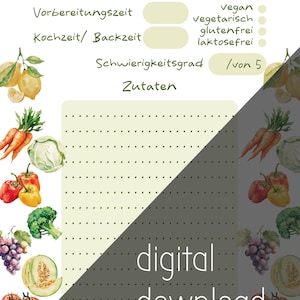 Fiches de recettes, Fiche de recette, anglais, allemand, vert menthe, numérique, télécharger, A4, imprimer vous-même, moderne, téléchargement instantané, cartes design