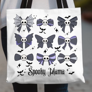 Coquette Bow Tote Bag, Spooky Mama, Cute Bats & Skull, Halloween Lover Bag, Gift for a New Mom, Fall Gift for Her, Mom Bag, Trick or Treat