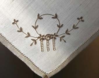 Vintage Handkerchief with Hand-Sewn Embroidered Flowers (Hankie)