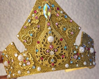 Handmade Princess Aurora Tiara - Gold with Pink and Blue Crystal Rhinestones -