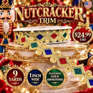 May include: A spool of decorative trim featuring a repeating diamond pattern in red, blue, and green glitter, outlined in gold thread and accented with gold rhinestones. The trim is 1 inch wide and 9 yards long, designed for holiday crafting.