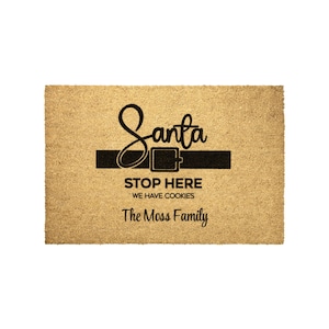 Personalized Santa Stop Here Door mat with Family Name; Custom Holiday Doormat; Holiday Coir Doormat