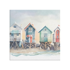 Watercolor Beach Huts Canvas Art: Coastal Cottage Decor