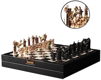Collectible Wizard Metal Chess Set with Storage 14&#39;&#39; x 14&#39;&#39; | Personalized Foldable Luxury Collectible Chess Set | Black - Gold Chessmen