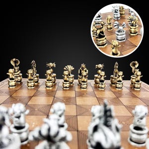 Popular Pokemons Metal Chess Set 14'' x 14'' | Personalized Wooden Chessboard Chess Set | Gold & Silver Limited Edition