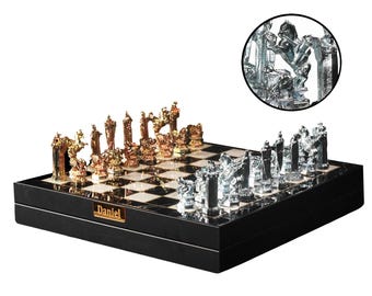 Wizard Metal Chess Set with Storage 14&#39;&#39; x 14&#39;&#39; | Personalized Foldable Luxury Collectible Chess Set | Gold - Silver Chessmen