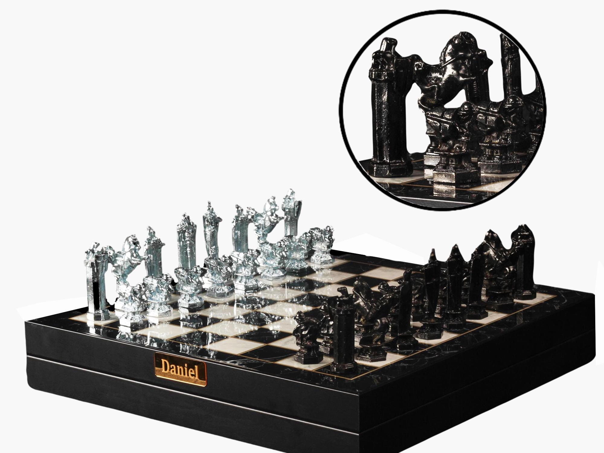 Custom Wizard Metal Chess Set with Storage 14'' x 14'' | Personalized Foldable Luxury Collectible Chess Set | Black - Silver Chessmen