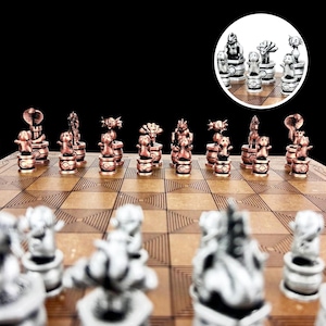 Fan Art Pokemons Metal Chess Set 14&#39;&#39; x 14&#39;&#39; | Personalized Wooden Chessboard Chess Set | Bronze& Silver Limited Edition