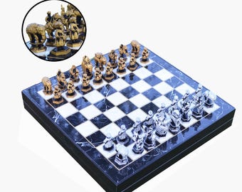 Indian Metal Chess Set with Storage 14&#39;&#39; x 14&#39;&#39; | Personalized Foldable Luxury Collectible Chess Set | Gold - Silver Chessmen
