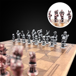 Anime Metal Chess Set 14&#39;&#39; x 14&#39;&#39; | Personalized Wooden Chessboard Chess Set | Bronze & Silver Limited Edition