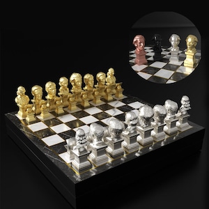 May include: A luxury chess set featuring gold and silver bust chess pieces on a marble and black wooden board. The chess pieces are detailed with intricate designs. The board has a checkered pattern.