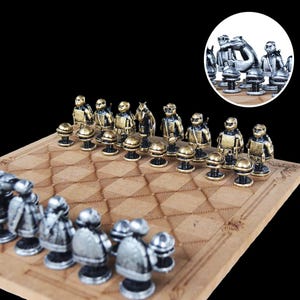 Handmade Cartoon Rare Metal Chess Set 14'' x 14'' | Personalized Ninja Turtle Wooden Chessboard Chess Set | Gold & Silver Limited Edition