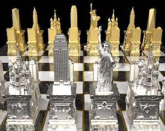 Juego de ajedrez de edificios de Nueva York: famoso juego de mesa personalizado hecho a mano de EE. UU.