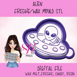 May include: A digital file featuring a purple and white alien in a spaceship design. The text "ALIEN FRESHIE/WAX MOULD STL" is at the top. The bottom text reads "DIGITAL FILE WAX MELT, FRESHIE, CANDY, RESIN".