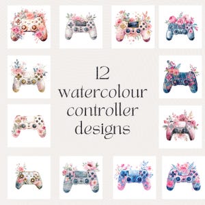 12種類の花柄水彩画ゲームコントローラークリップアート | ゲーマー向けPNG画像 | 女性向けゲームパッドイラスト | 昇華転写用デジタルダウンロード