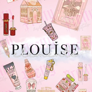 May include: A collection of pink cosmetic products from the brand PLOUISE, including lipsticks, palettes, and skincare items. The image features various packaging designs, such as a gingerbread house, a suitcase, and a train, with text like "Stay Shining" and "Got to Glow".