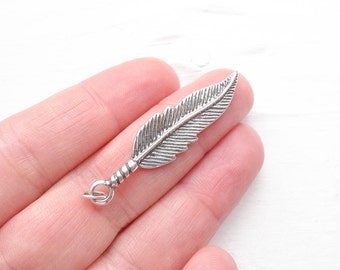 Large Sterling Silver Feather Pendant for Making Boho Jewelry Bohemian Charm (CCCH177S)