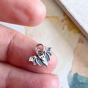 Bat Charm Sterling Silver Tiny Black Halloween Pendant (CNA6321)