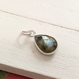 Labradorite Teardrop Charm 10mm Gem Pear Tear Drop in Sterling Silver Bezel (CCH15075S)