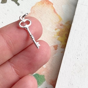 May include: A silver key charm with an ornate design. The key has a loop at the top for attaching to a necklace or bracelet.