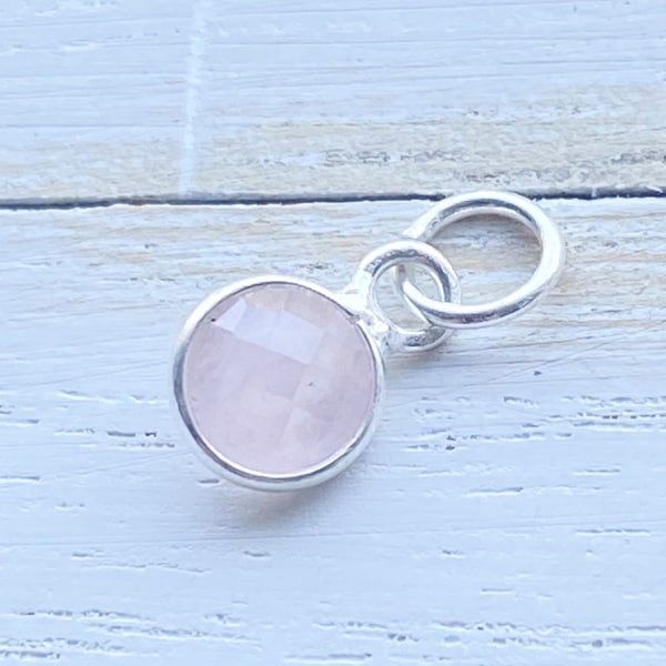 Rose Quartz Charm Sterling Silver Pale Pink Bezel Faceted Stone 6mm Gemstone Pendant Love (CC15192S)