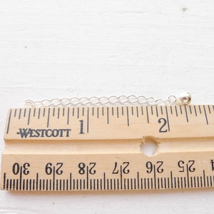 Pu&ograve; includere: Una catena d'argento con una piccola sfera all'estremit&agrave;, che misura circa 2,5 cm di lunghezza. La catena &egrave; appoggiata su un righello di legno con segni in centimetri.