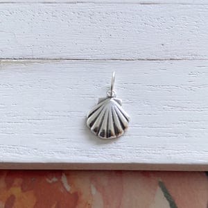 May include: A silver seashell charm pendant. The charm is detailed with ridges and a smooth finish.