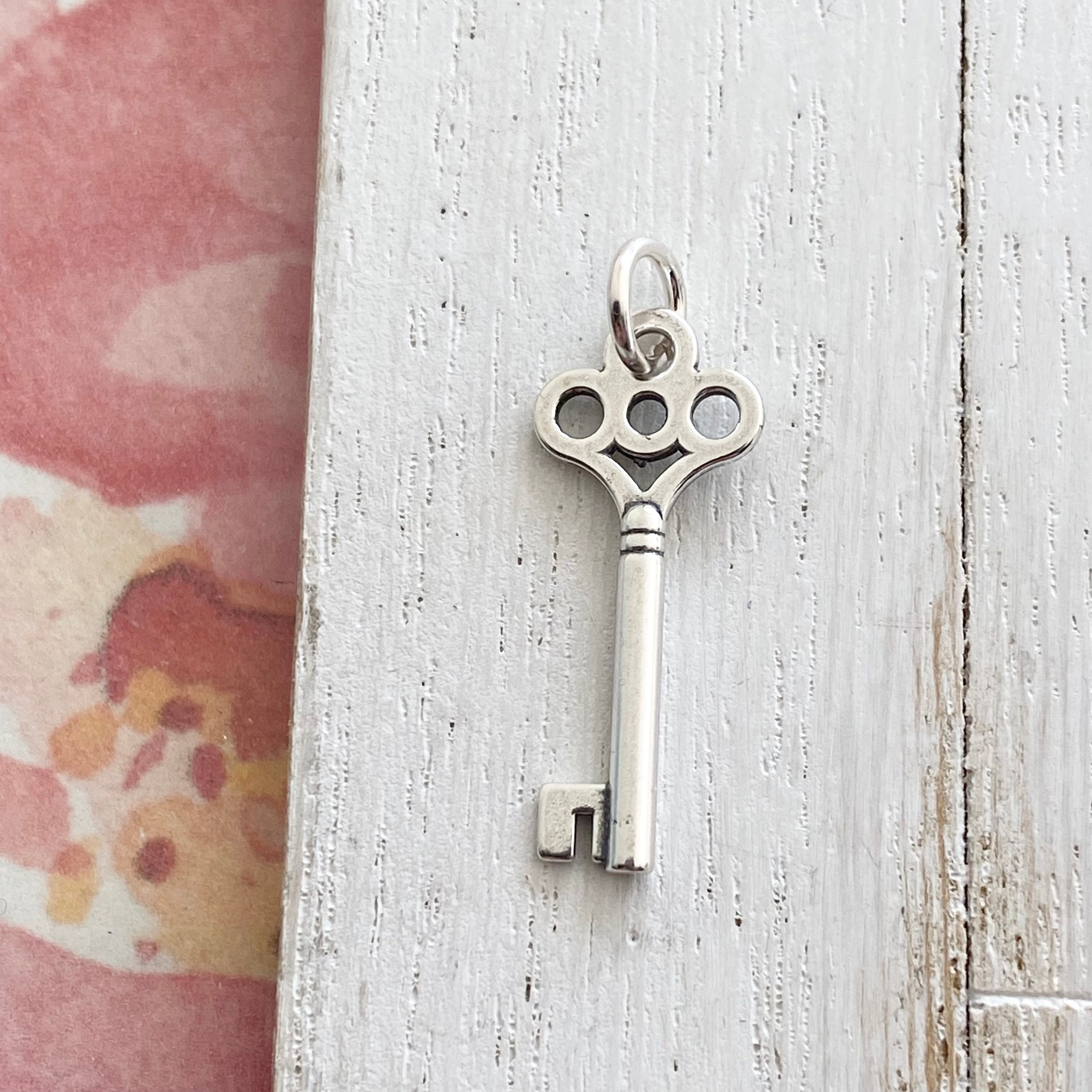 Skeleton Key Charm Sterling Silver Scroll Key Pendant for Bracelets or Necklaces (CR696607)