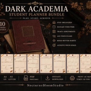 May include: A Dark Academia student planner bundle featuring a dark red notebook, ten printable page templates including study, college, assignment, exam, class, reading, weekly, goal, and habit trackers, with text labels for A4, A5, and US Letter sizes.