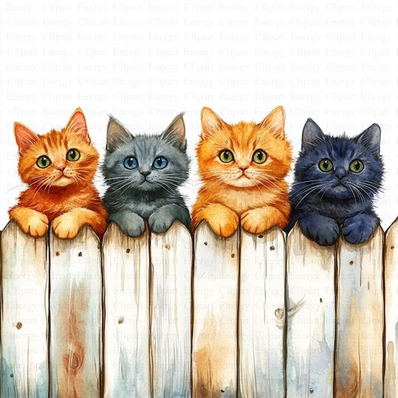 フェンスの上の猫のクリップアート | 5 つの高品質 JPG | デジタル