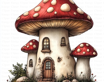 Watercolor Mushroom House Clipart | 5 High Quality JPG's | Digital Download | Fantasy Fungi Art | Whimsical Mushroom Design | Forest Clipart