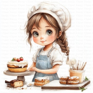 Clipart z dziewczyną z piekarni | 5 wysokiej jakości plików JPG | Pobieranie cyfrowe | Urocze projekty piekarni | Sztuka cukiernicza | Grafiki żywności | Ilustracje do pieczenia