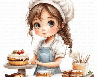 Bakery Girl Clipart | 5 High Quality JPG's | Digital Download | Cute Bakery Designs | Pastry Art | Food Graphics | Baking Illustrations