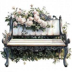 Vintage Floral Bench Clipart | 5 High Quality JPGs | Digital Download | Garden Bench | Printable Watercolor Clipart | Paper Craft | Clip Art